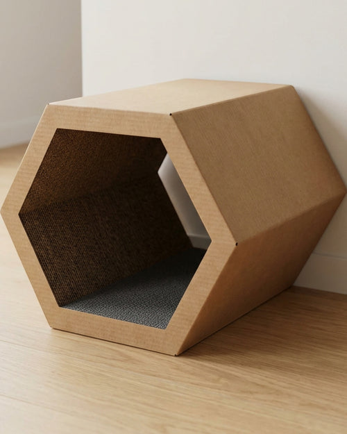 Fxryn Hexagonal Corrugated Cat Scratch Tunnel Kraft Charcoal - Lifestyle view
